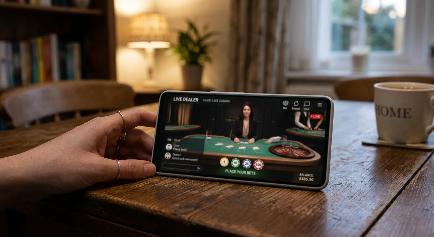 Editorial illustration of a generic live dealer table viewed on a smartphone in a UK home setting