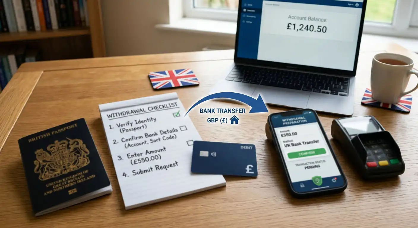 Illustration of a withdrawal checklist with identity document, verified account tick and GBP bank transfer without real personal data