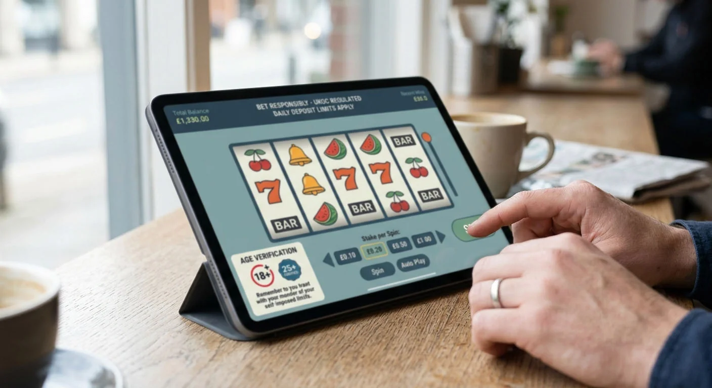 Editorial illustration of generic online slot reels on a tablet with symbols representing UK stake limits, without real game branding