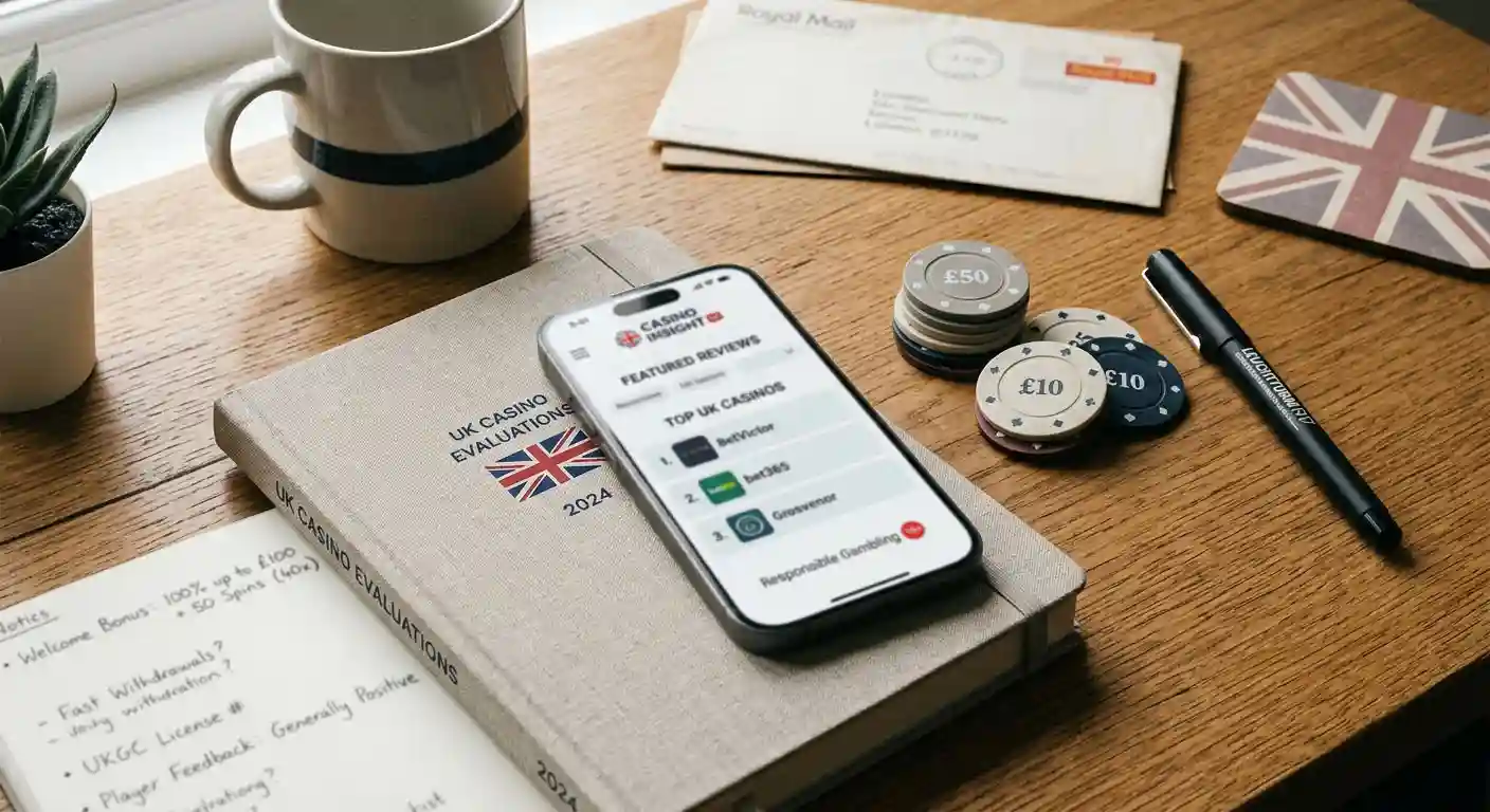 Editorial illustration of a UK online casino review desk with a phone and gaming chips